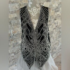 Eves Allure Black Sequin and Silver Beaded Vintage Vest, Size M